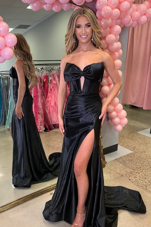Sexy Sweetheart Sleeveless Sweep Train Mermaid Pleated Satin Long Prom Party Dress with Side Slit