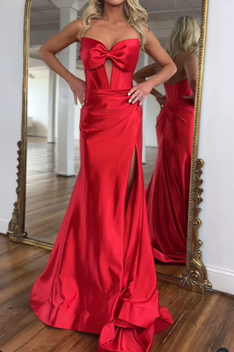 Sexy Sweetheart Sleeveless Sweep Train Mermaid Pleated Satin Long Prom Party Dress with Side Slit