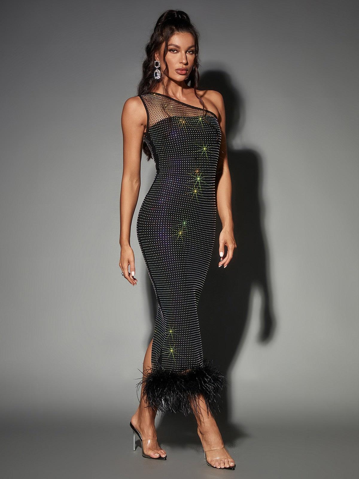One Shoulder Mesh Rhinestone Feather Trim Bodycon Midi Dress