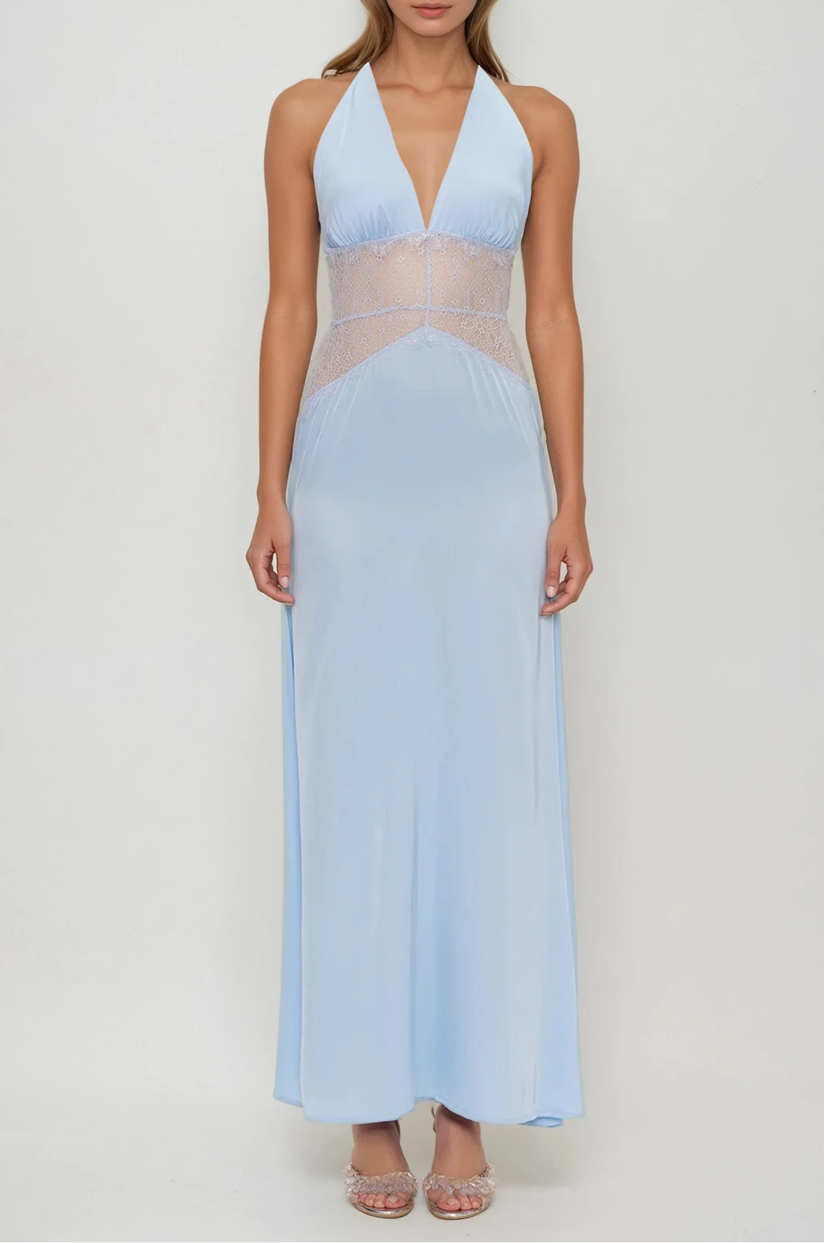 Bowie Lace Plunge Backless Maxi Dress In Blue