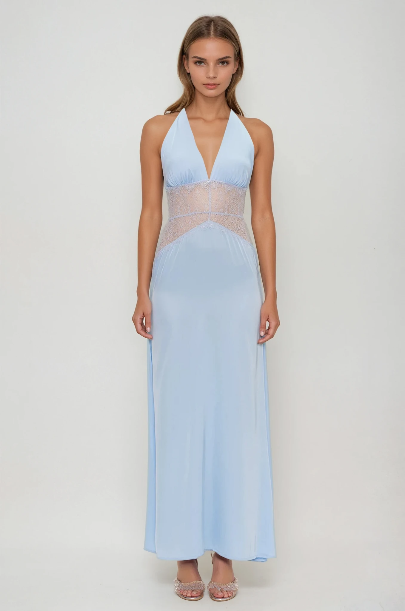 Bowie Lace Plunge Backless Maxi Dress In Blue 2