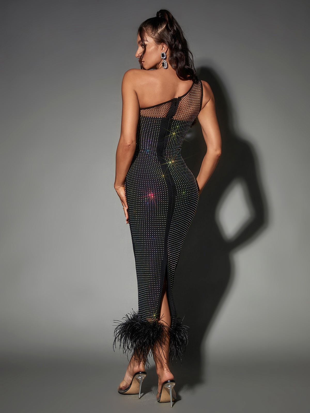 Mesh Diamond Feather Bandage Dress