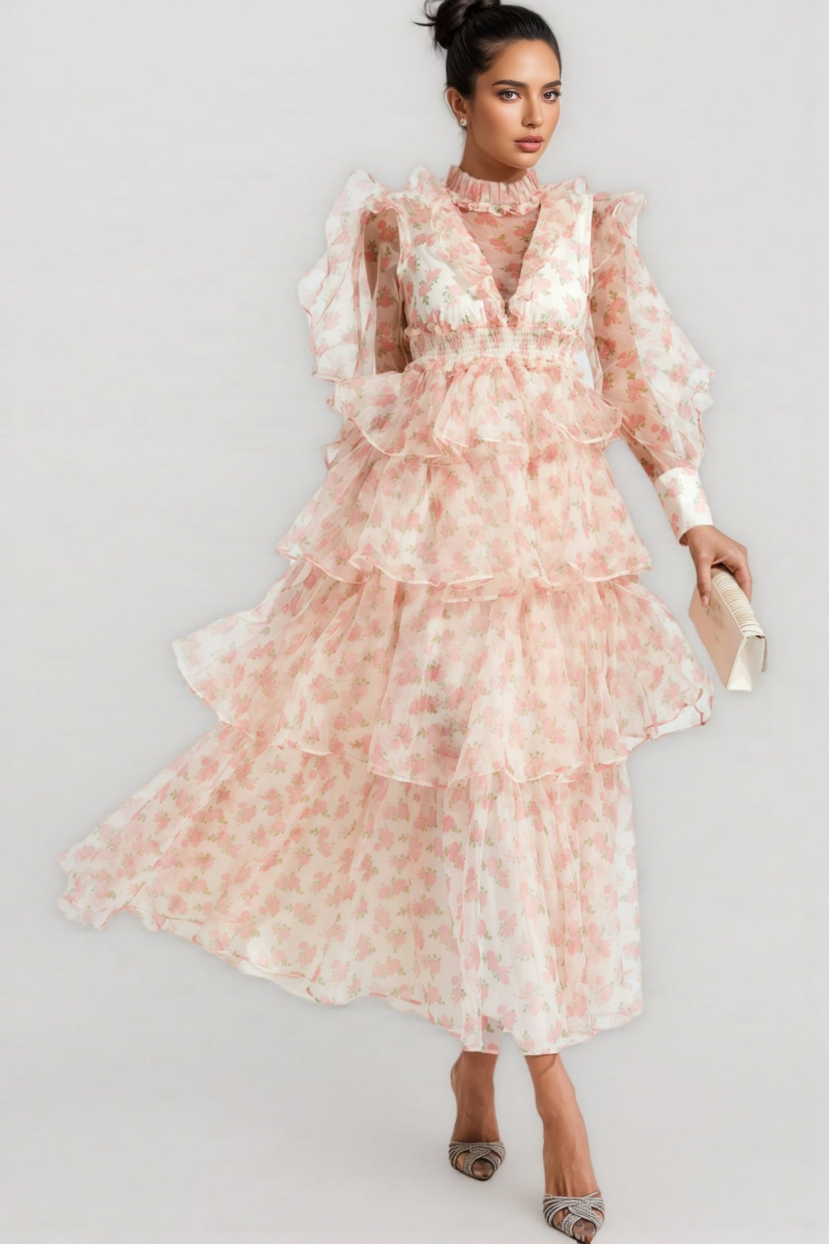Floral Organza Mock Neck Long Sleeve Tiered Ruffle Midi Dress 4