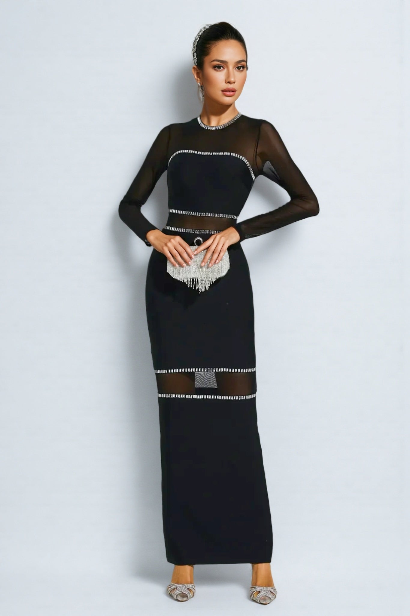 Gema Black Mesh Bandage Maxi Dress - View 5