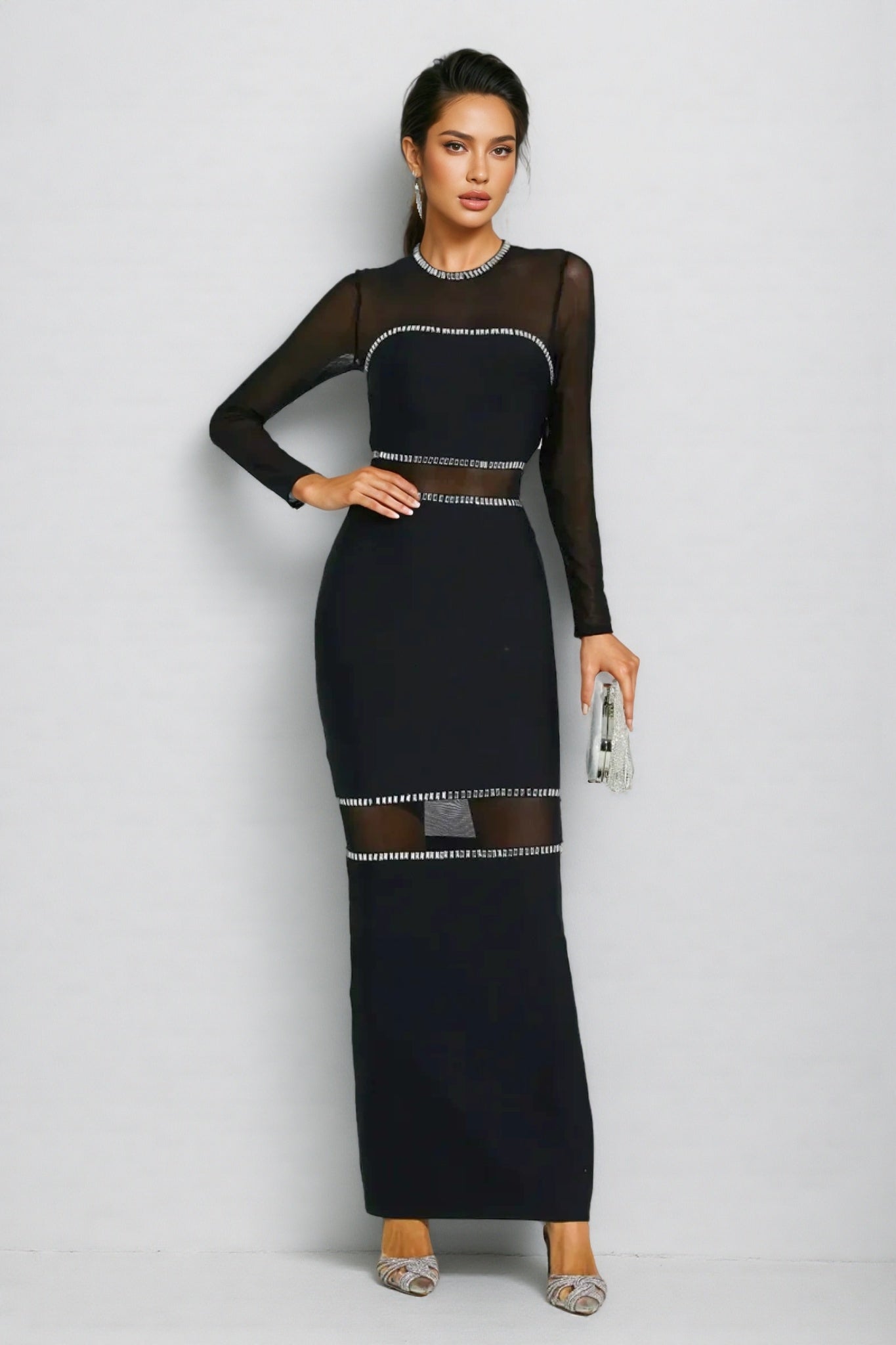 Gema Black Mesh Bandage Maxi Dress - View 4