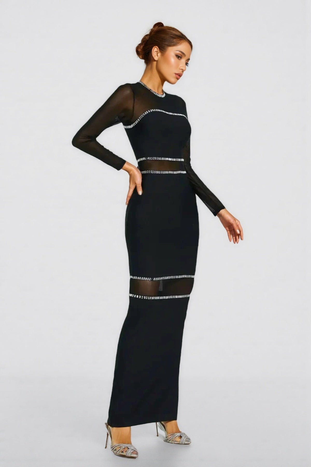 Rhinestone Trim Sheer Mesh Panel Long Sleeve Bandage Maxi Dress 3