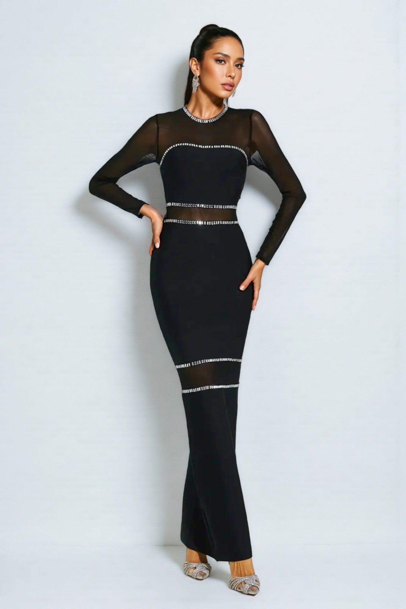 Gema Black Mesh Bandage Maxi Dress - View 2