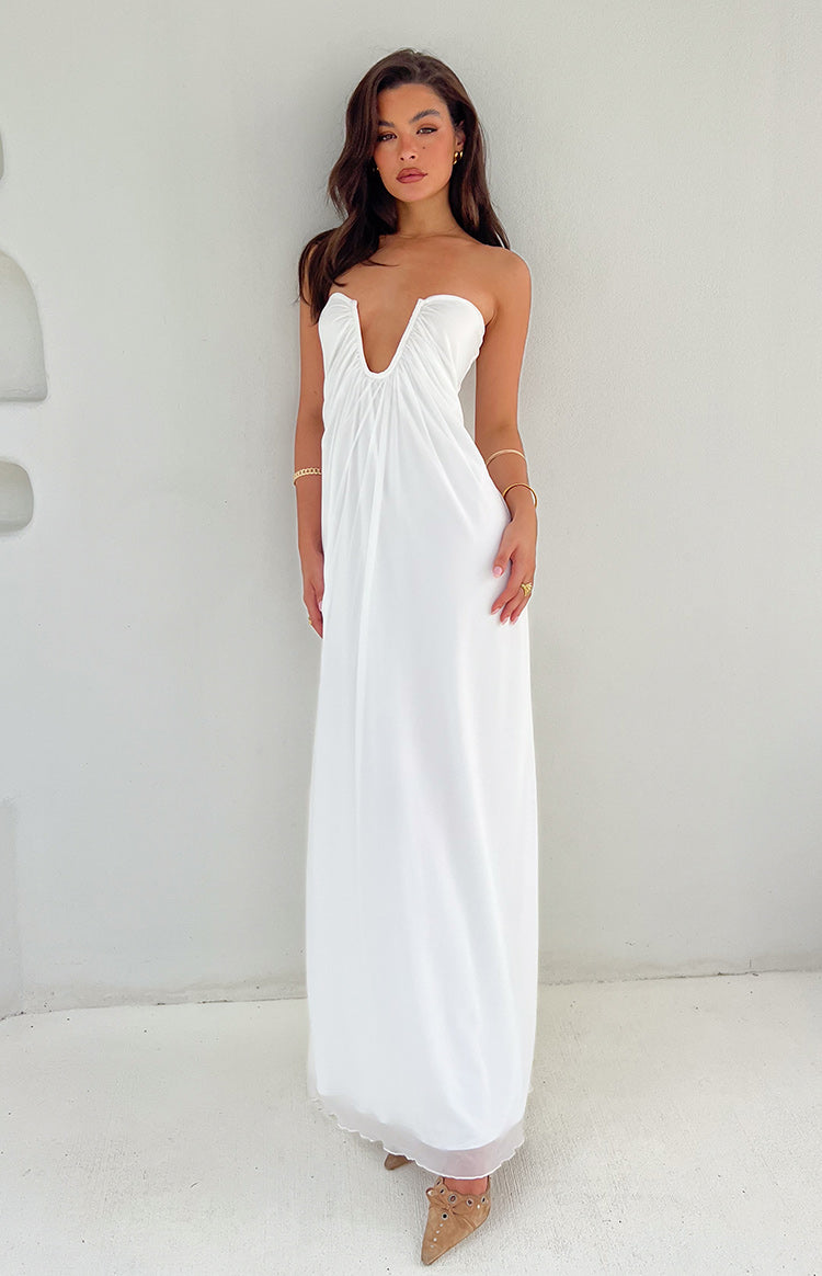 Strapless Plunging U-Wire Gathered Bodice Column Maxi Dress