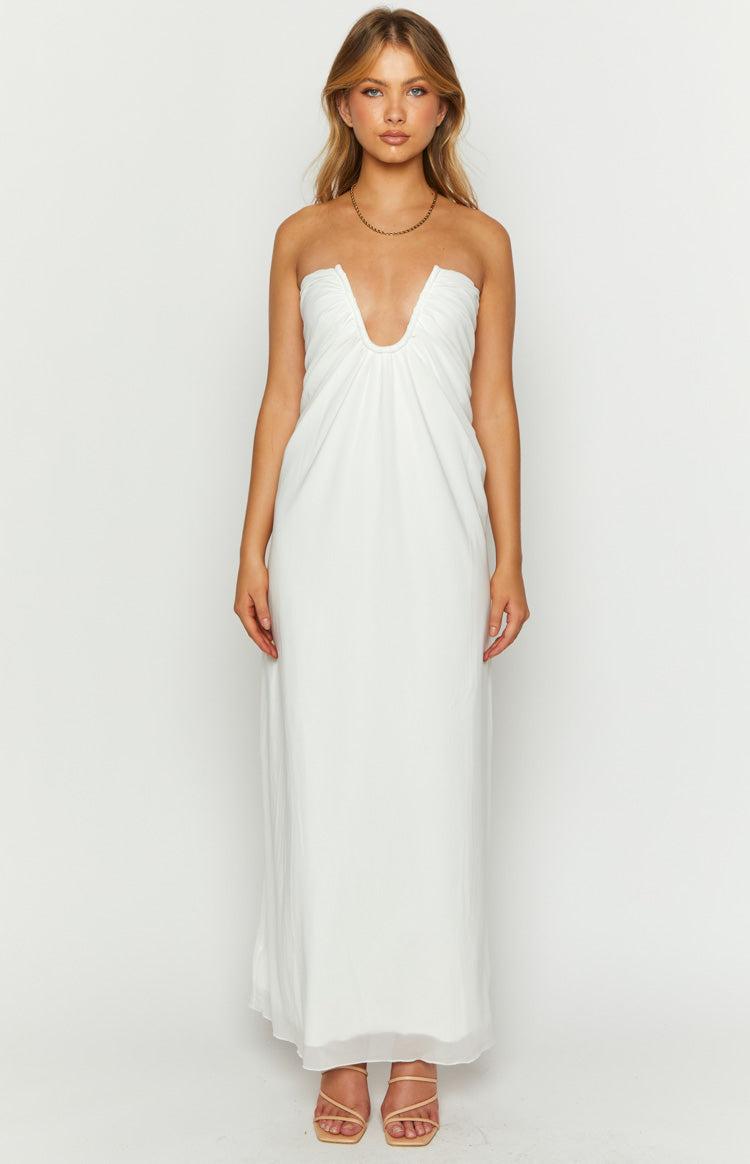 Strapless Plunging U-Wire Gathered Bodice Column Maxi Dress 2