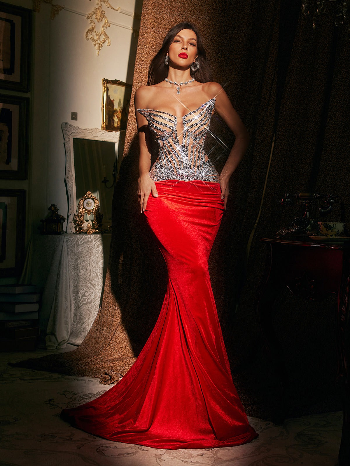 Strapless Sequin Ruched Mermaid Maxi Dress 4