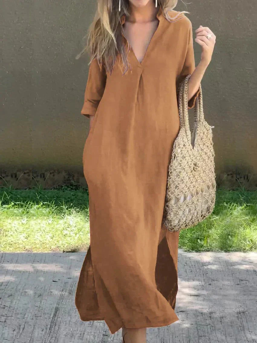 Alexa - Chic V-Neck Summer Maxi Dress Brown