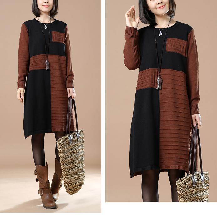 Brick red blocks women sweaters oversized dress
