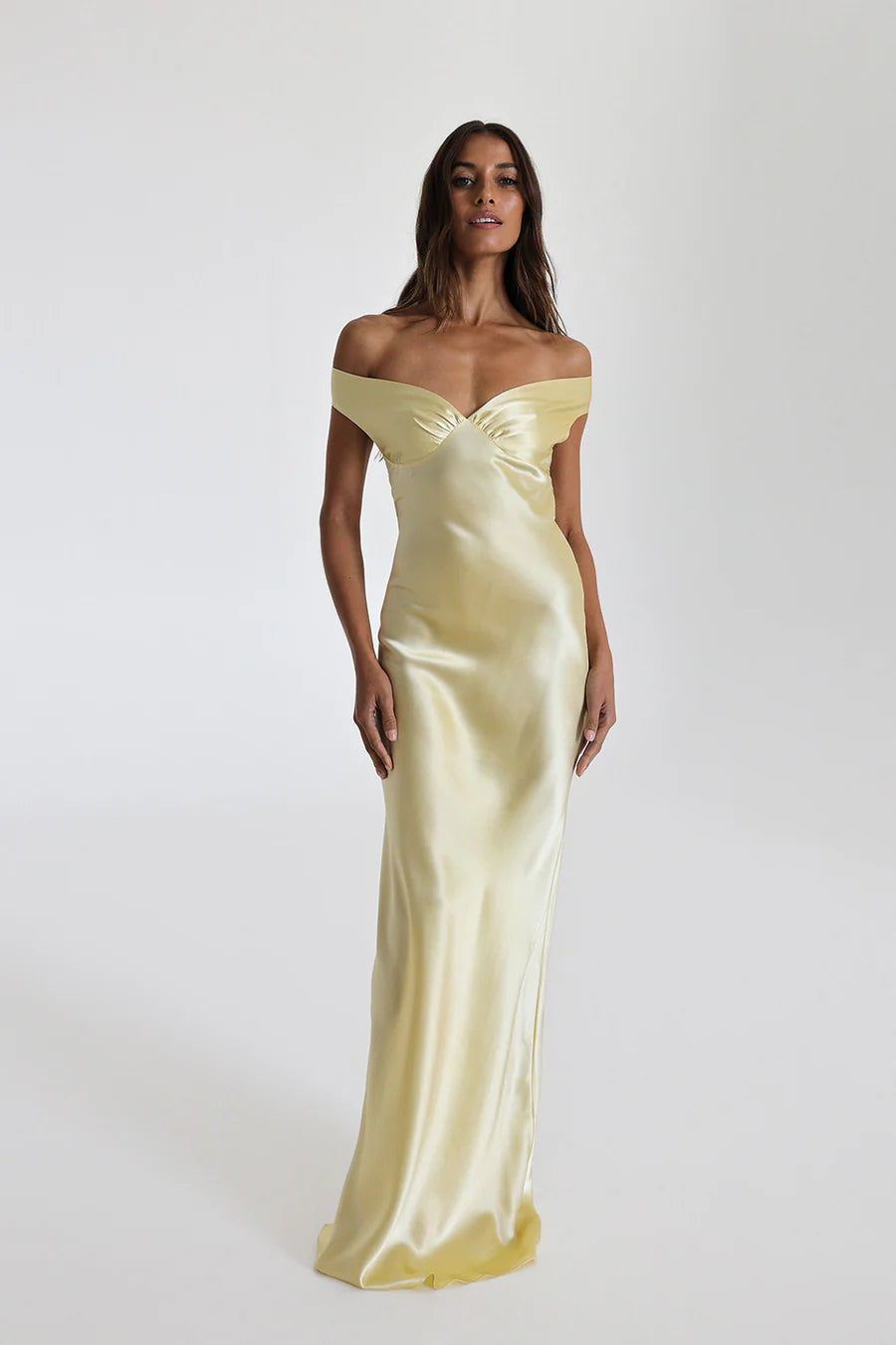 Satin Off Shoulder Sweetheart Neck Ruched Bust Slip Maxi Gown