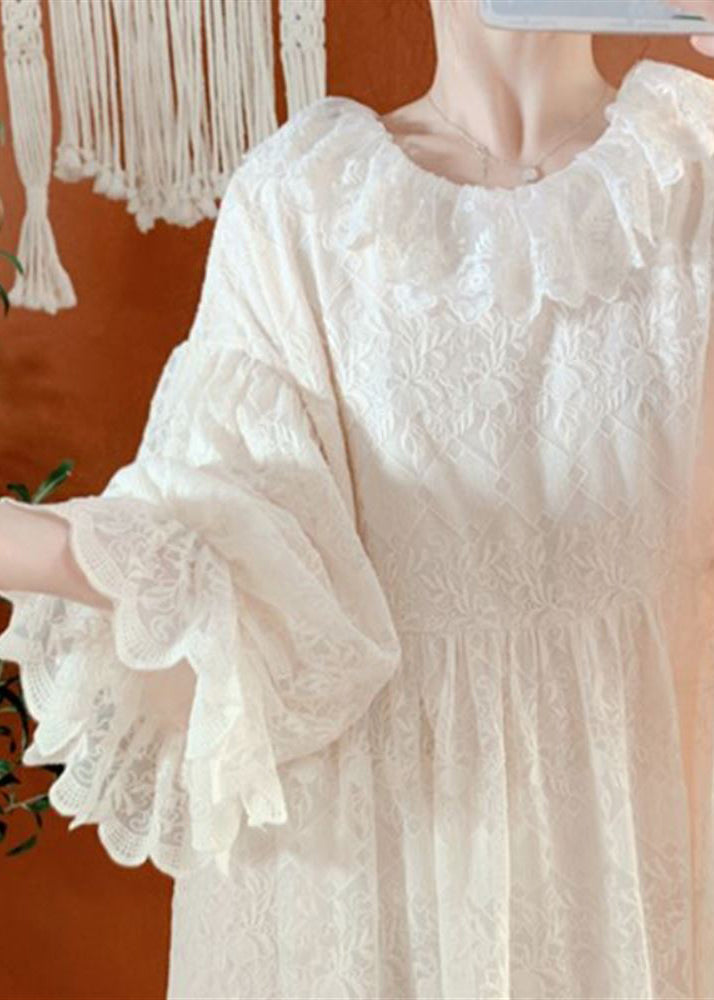Brief Apricot Lace Patchwork Maxi Dress Lantern Sleeve - View 2