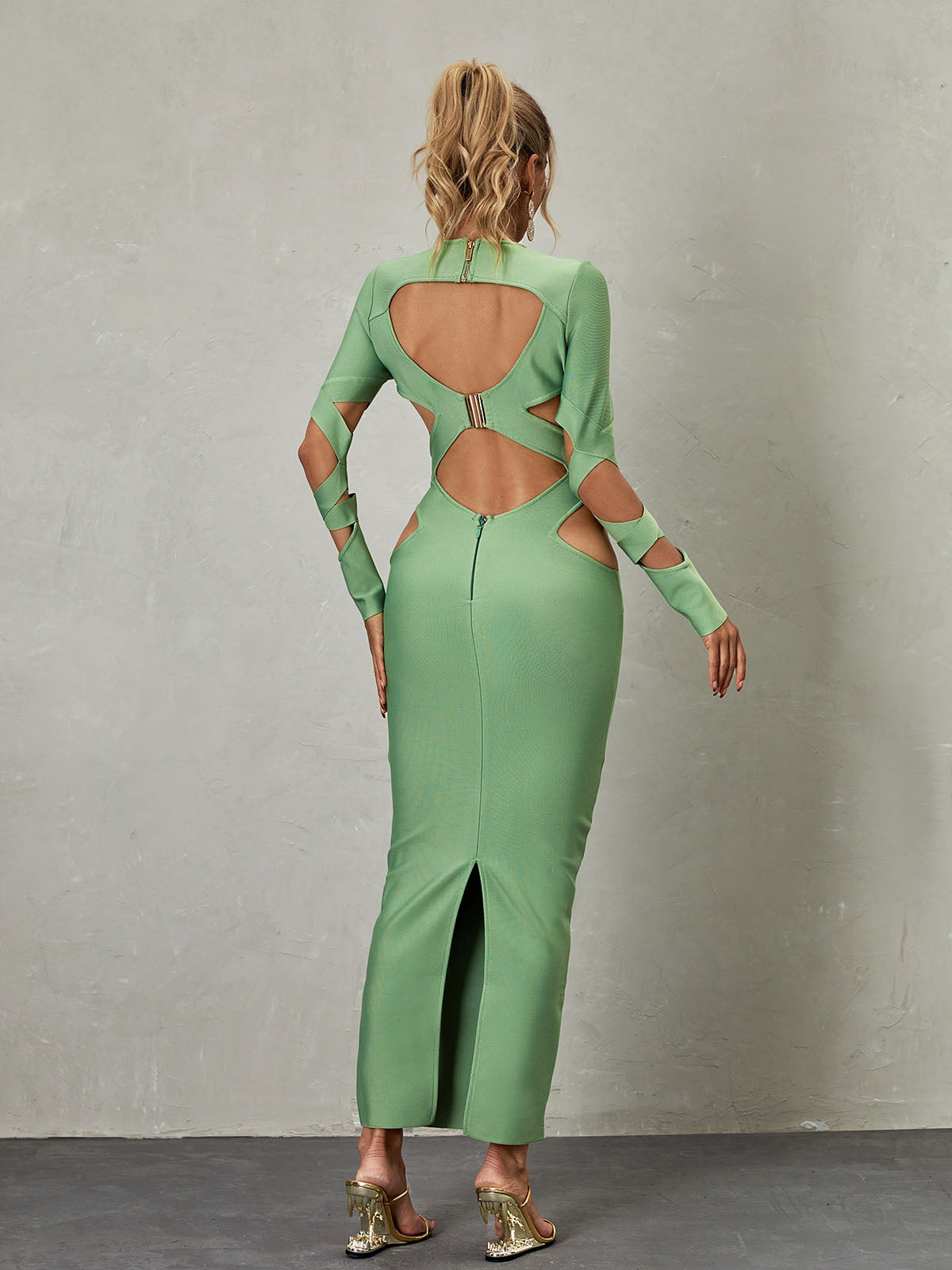 Cut Out Criss Cross Long Sleeve Bandage High Split Maxi Dress