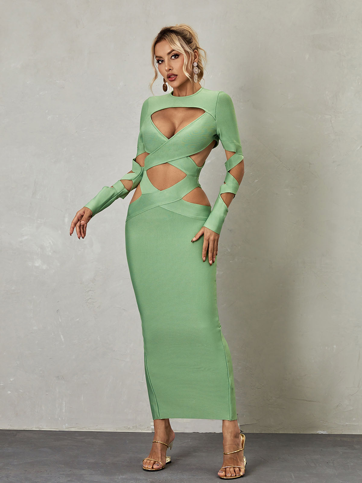 Cut Out Criss Cross Long Sleeve Bandage High Split Maxi Dress
