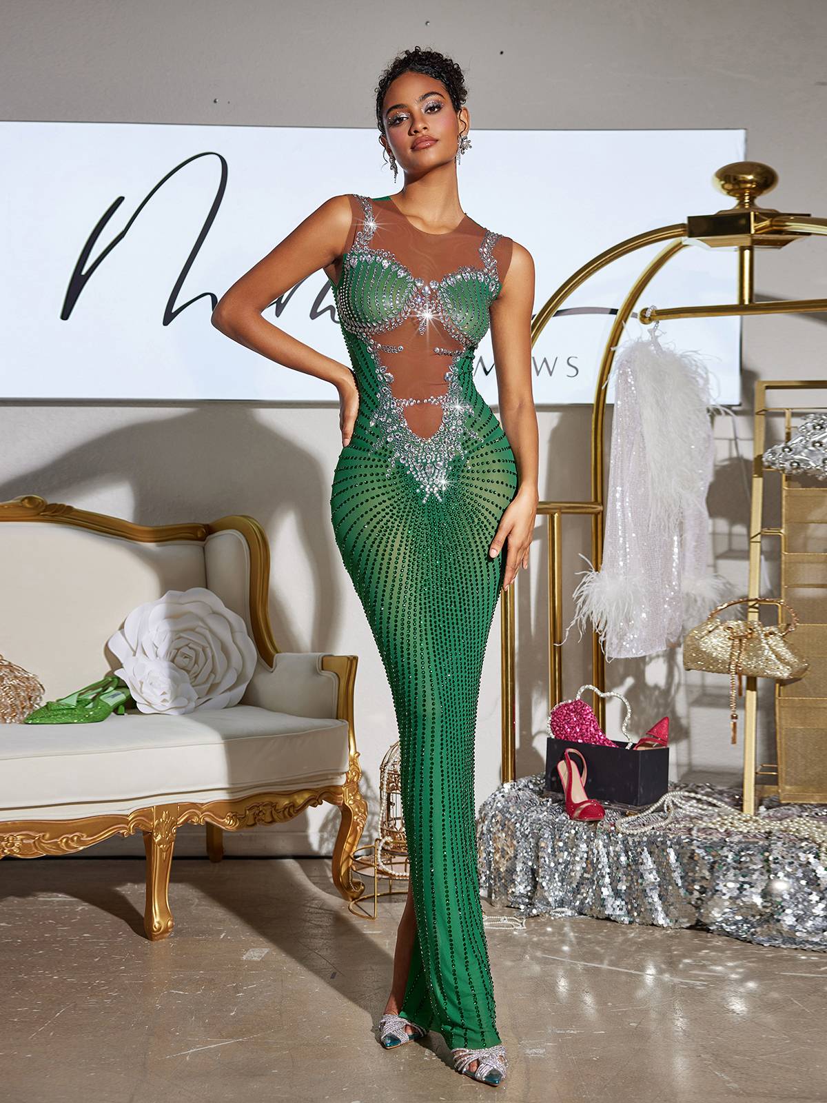 Printed Rhinestone Split Maxi Dress In Green - View 2