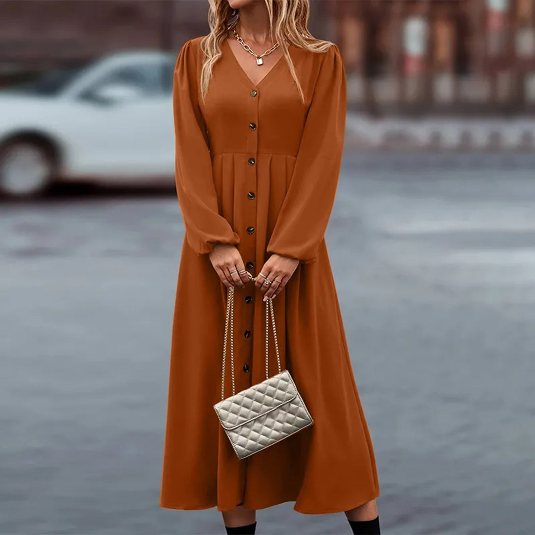 V-Neck Long Lantern Sleeve Button Front Pleated Maxi Dress 8