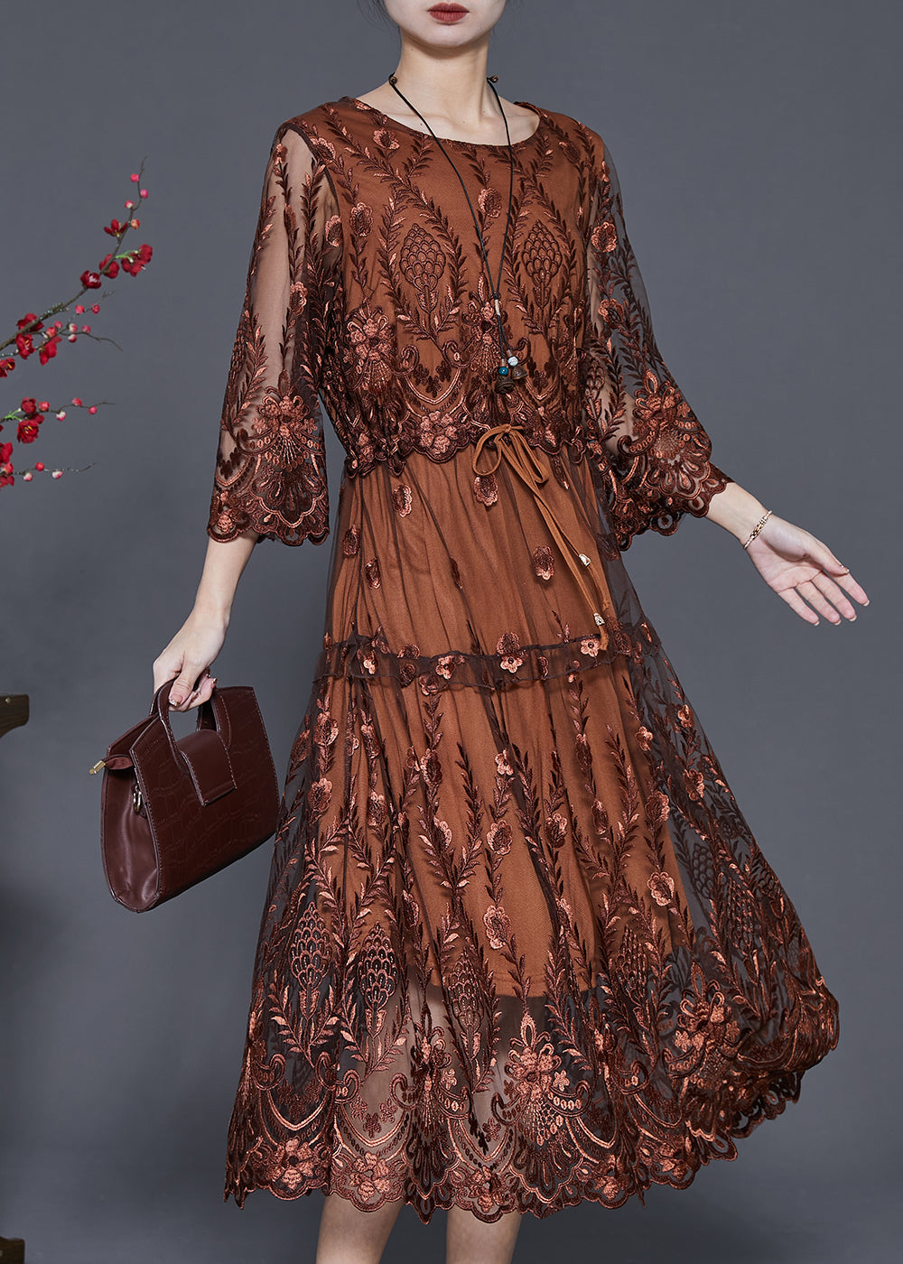Floral Embroidered Mesh Drawstring Waist Scalloped Hem Midi Dress