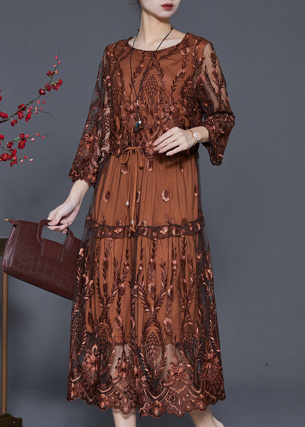 Brown Tulle Maxi Dresses Cinched Embroidered Summer - View 3