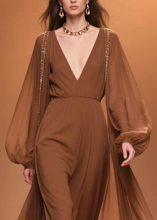 Brown Wrinkled High Waist Chiffon Maxi Dresses V Neck Spring 2