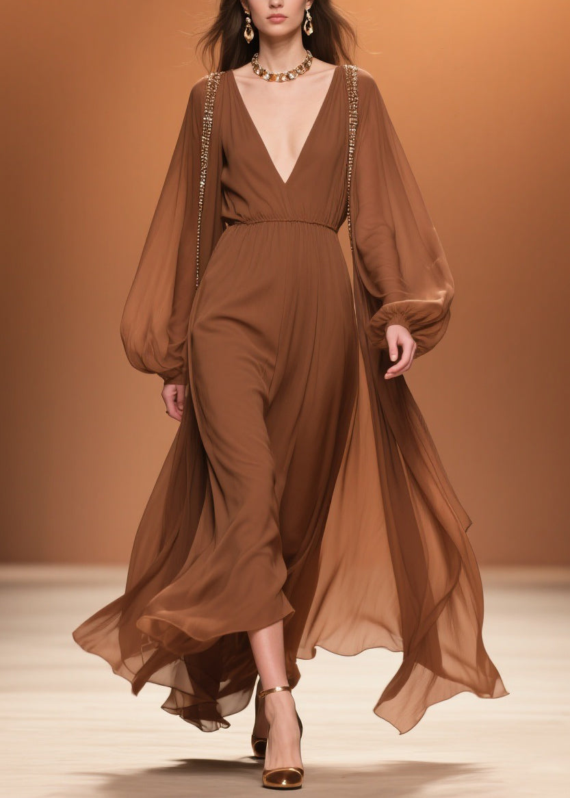 Brown Wrinkled High Waist Chiffon Maxi Dresses V Neck Spring 5