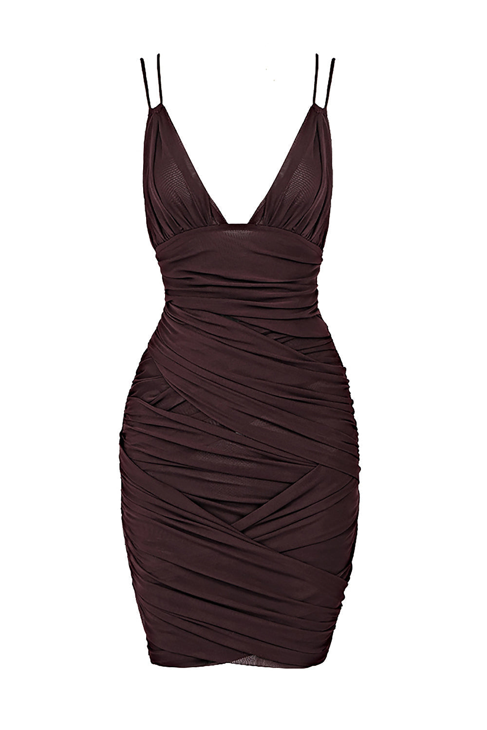 Mesh Plunge V-Neck Spaghetti Strap Ruched Bodycon Mini Dress 19