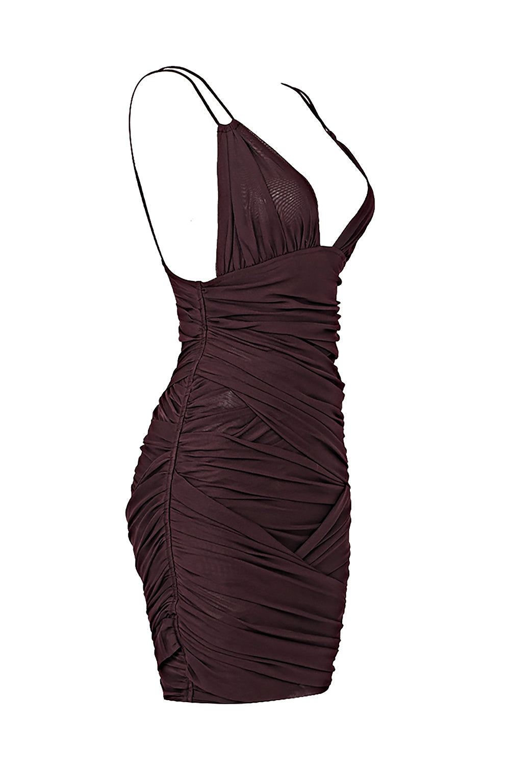 Mesh Plunge V-Neck Spaghetti Strap Ruched Bodycon Mini Dress 20