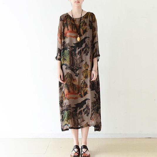 Landscape Print Chiffon Round Neck Three Quarter Sleeve Loose Midi Dress