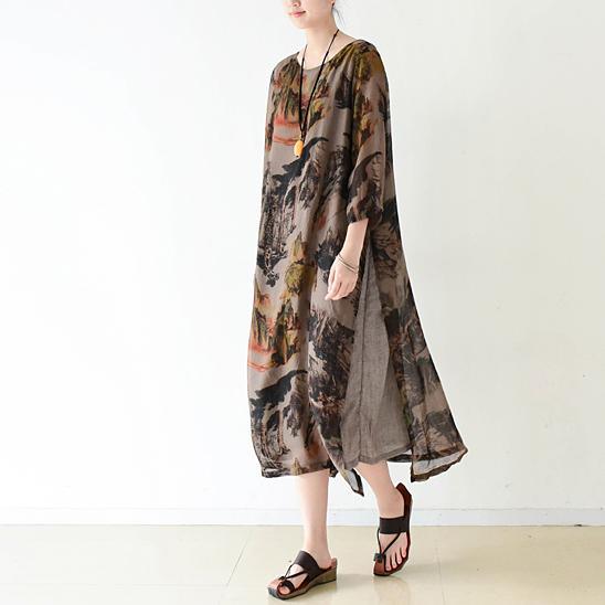 Brown flowy print chiffon dresses maxi dress long sleeve cotton lining 2