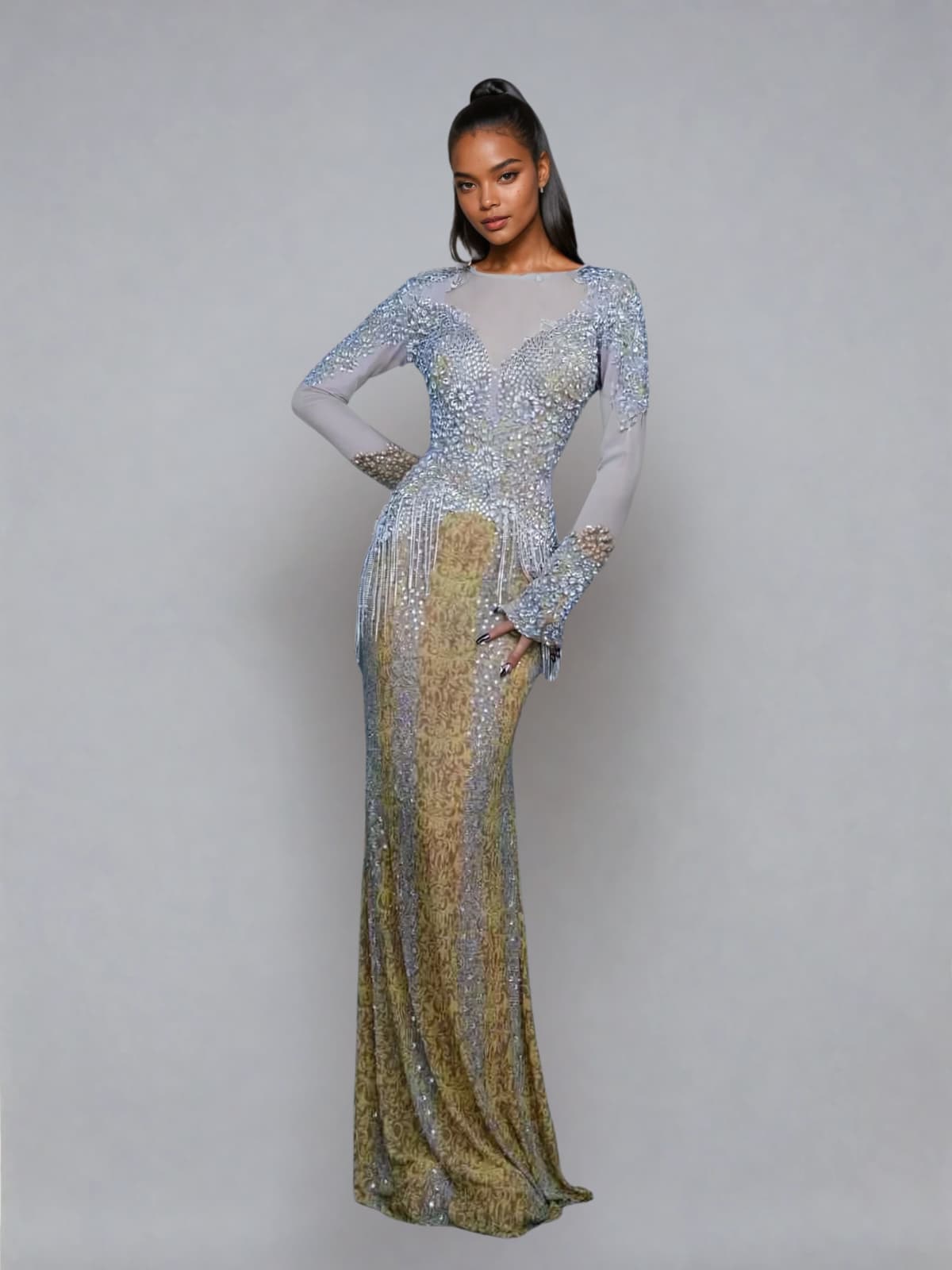 Mock Neck Long Sleeve Rhinestone Fringe Damask Mesh Mermaid Maxi Gown