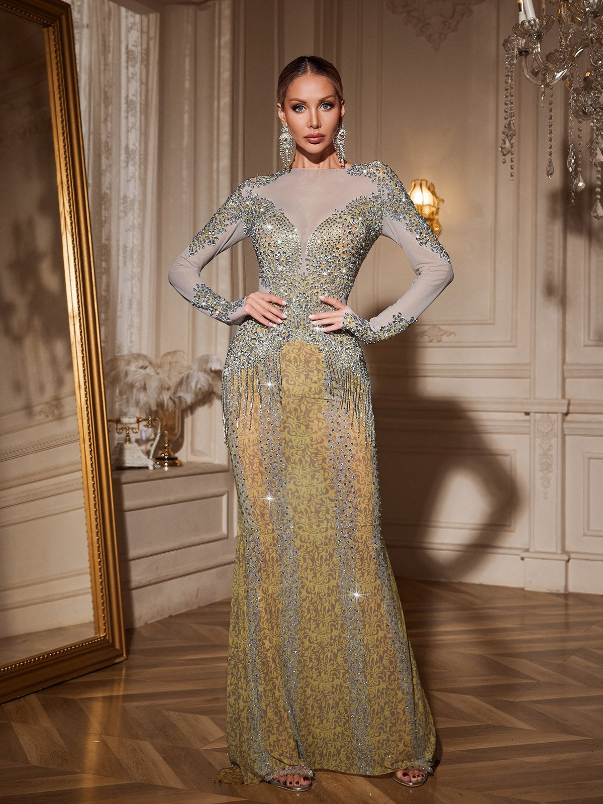 Mock Neck Long Sleeve Rhinestone Fringe Damask Mesh Mermaid Maxi Gown
