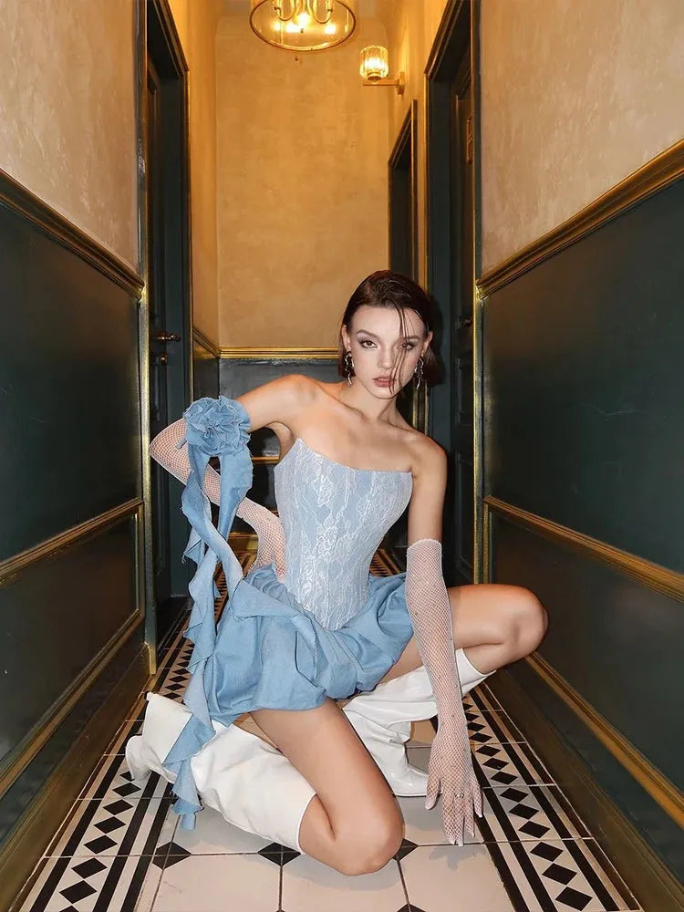 Lace Strapless Ruffle Sleeve Corset Mini Dress