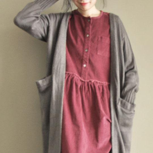 Burgundy corduroy casual maxi dress three quarter sleeve dress