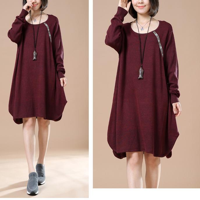 Burgundy cute baggy sweaters long knit dresses witner spring