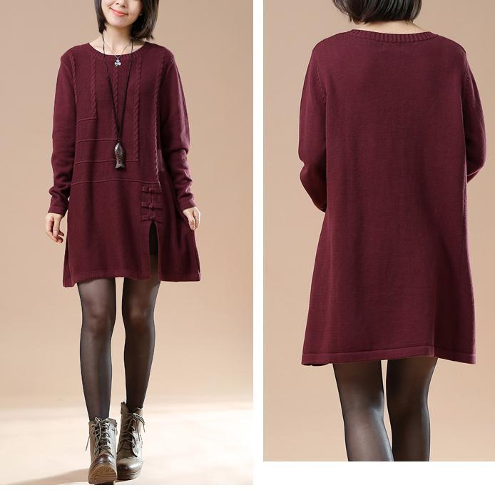 Burgundy new sweaters open hem cable knit dresses winter