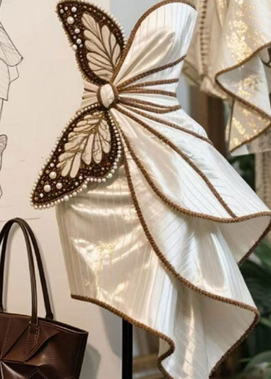 Butterfly Appliqué Pearl Bead Pinstripe Tiered Asymmetrical Spaghetti Strap Mini Dress