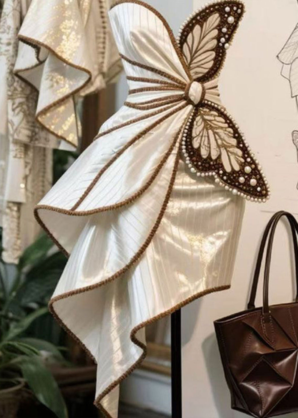 Butterfly Appliqué Pearl Bead Pinstripe Tiered Asymmetrical Spaghetti Strap Mini Dress