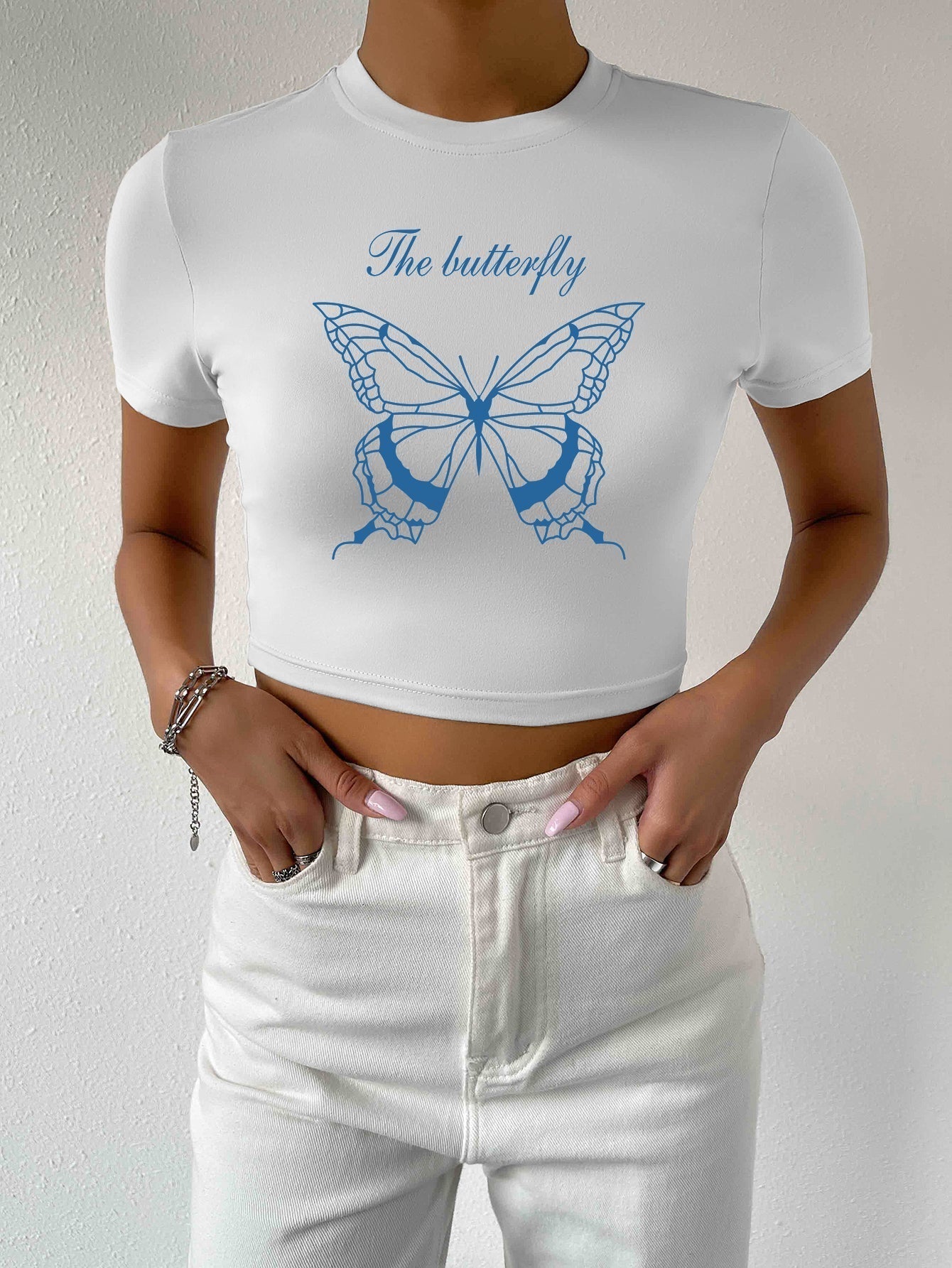 Butterfly and Letter Graphic Crop Tee