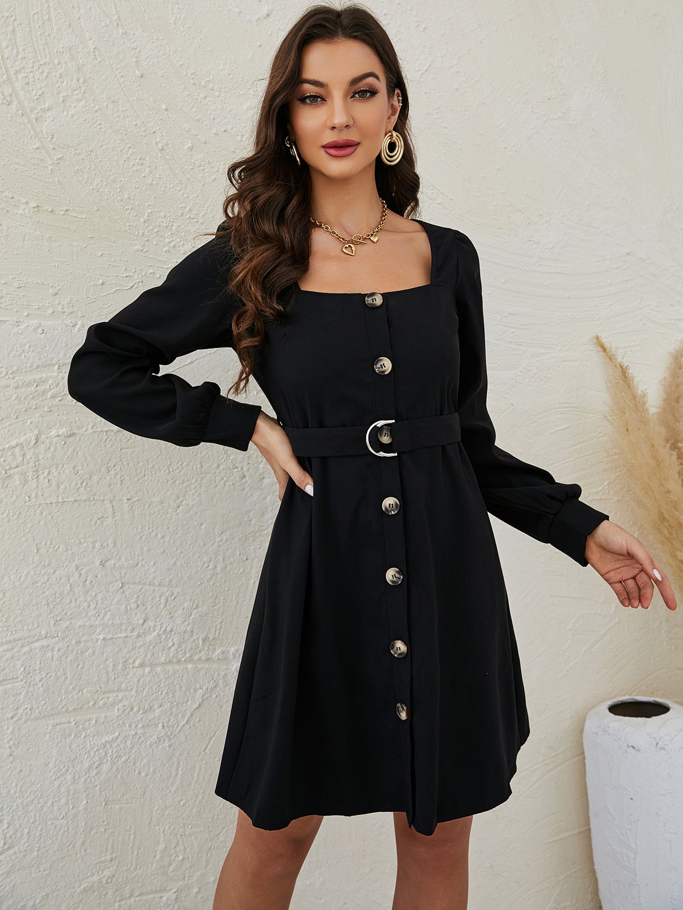 Button Front Square Neck A-line Dress