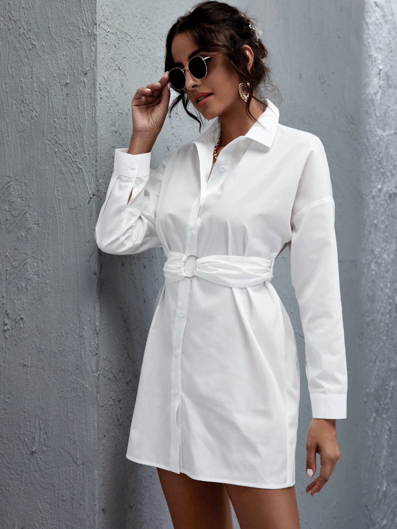 Button Up Shirt Dress With O-Ring Belt