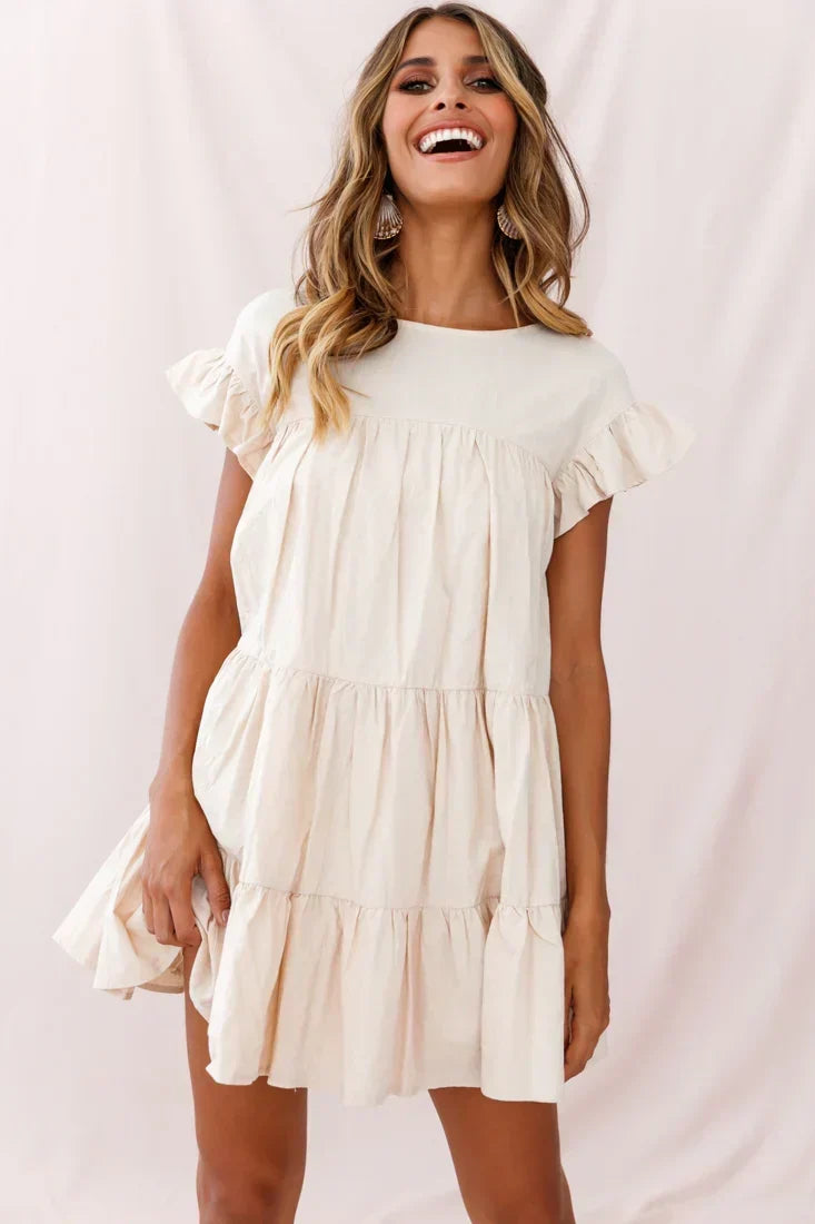 Crew Neck Flutter Sleeve Tiered Ruffle Babydoll Mini Dress 2