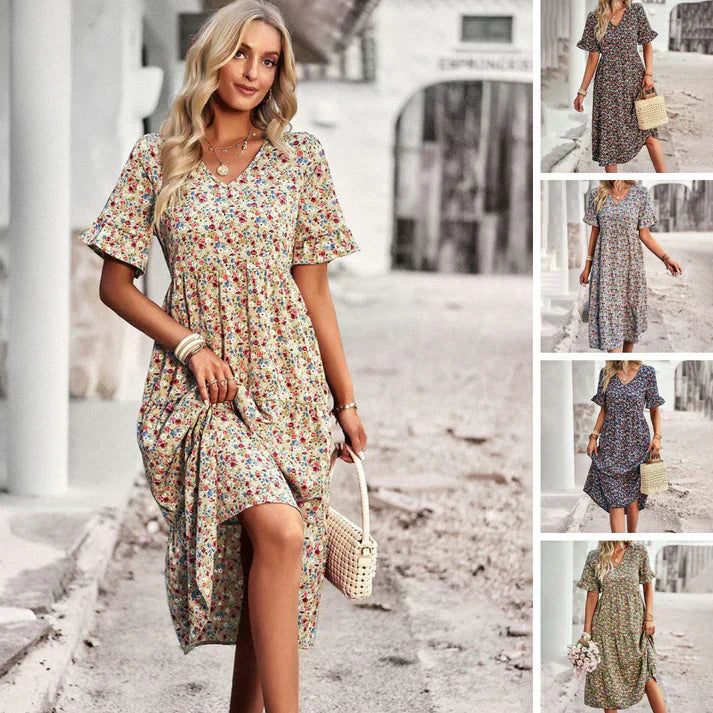 V-Neck Flutter Sleeve Floral Tiered Midi Dress