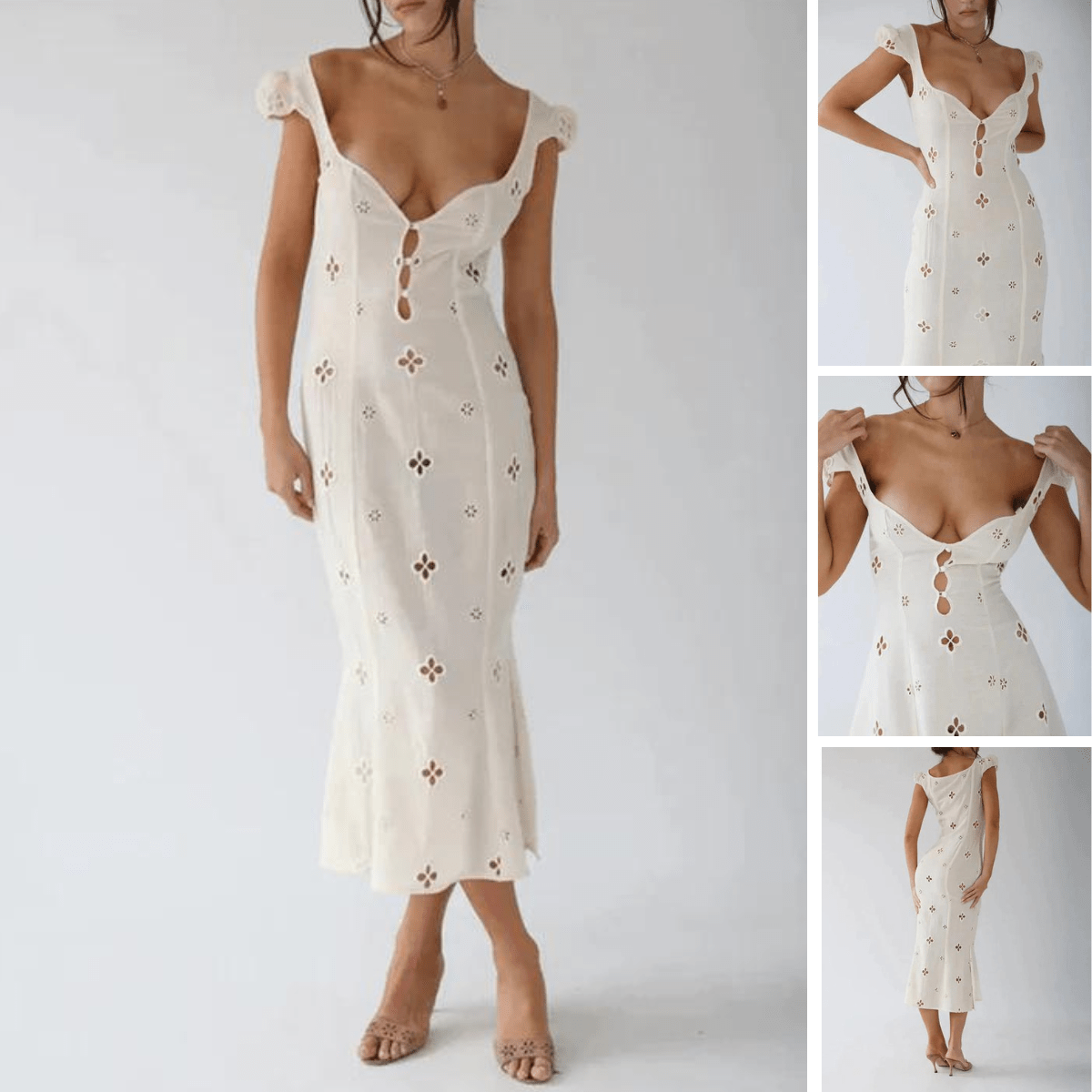 Eyelet Embroidered Cap Sleeve Keyhole Button Front Bodycon Midi Dress