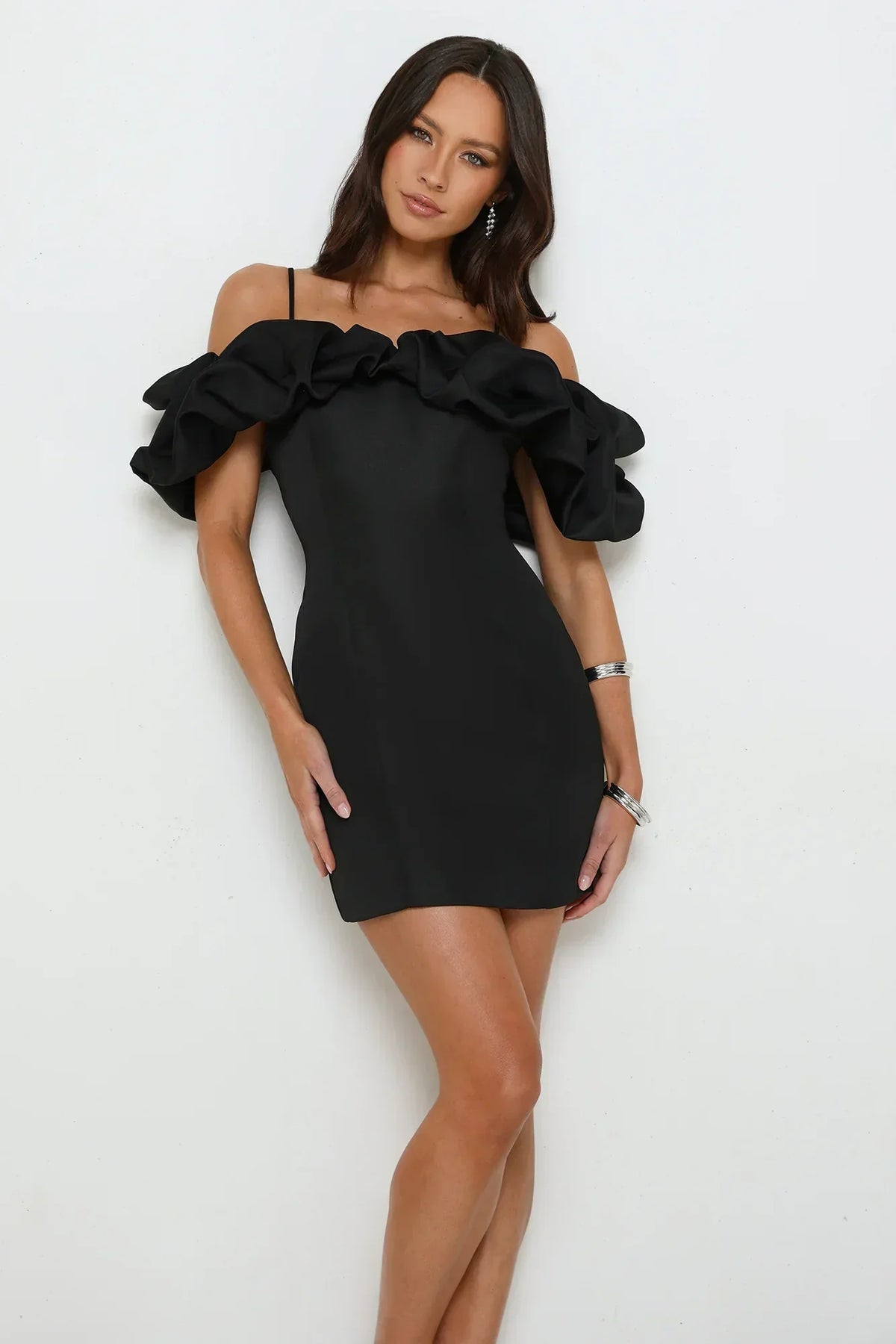 Off Shoulder Ruffle Sleeve Spaghetti Strap Bodycon Mini Dress 5
