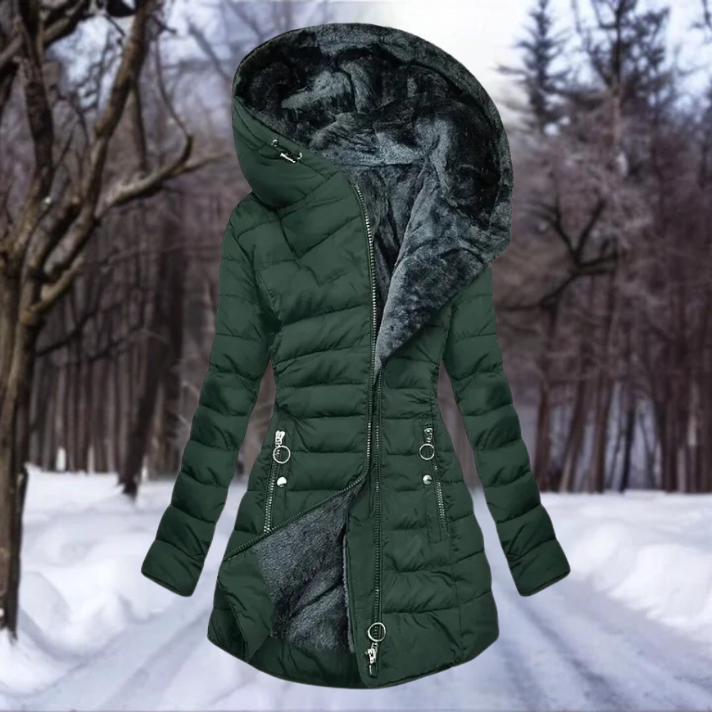 Hooded Zip Front Fleece Lined Longline Puffer Jacket
