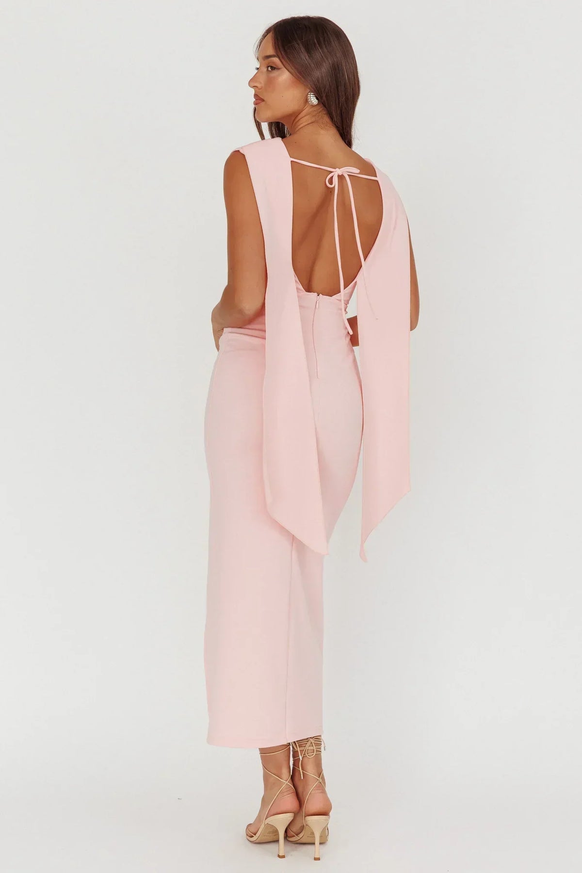 Cowl Neck Sleeveless Shoulder Sash High Split Midi Dress 2