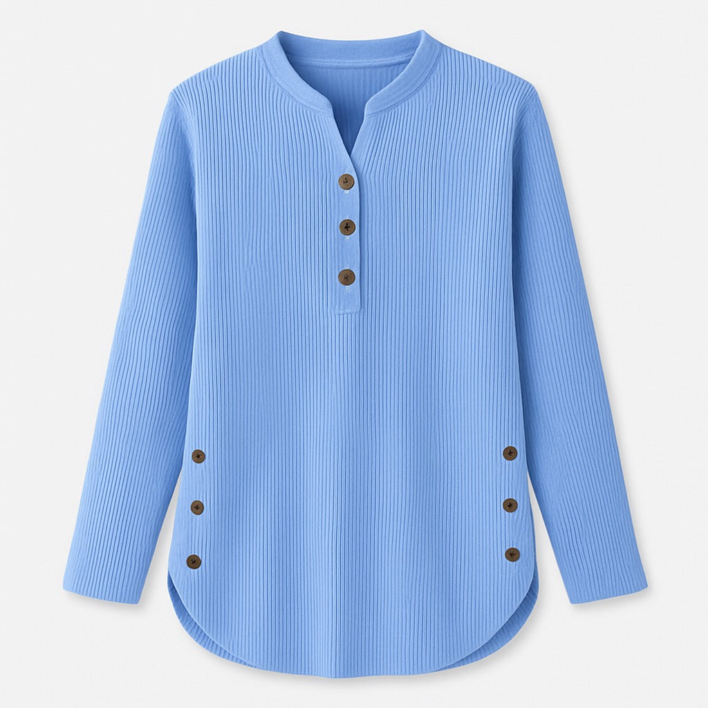 Ribbed Henley Long Sleeve Button Side Curved Hem Top