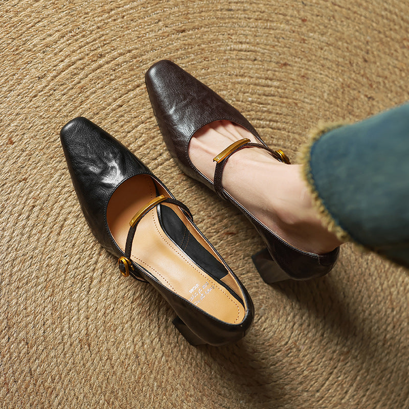 Square Toe Ankle Strap Block Heel Mary Jane Pumps