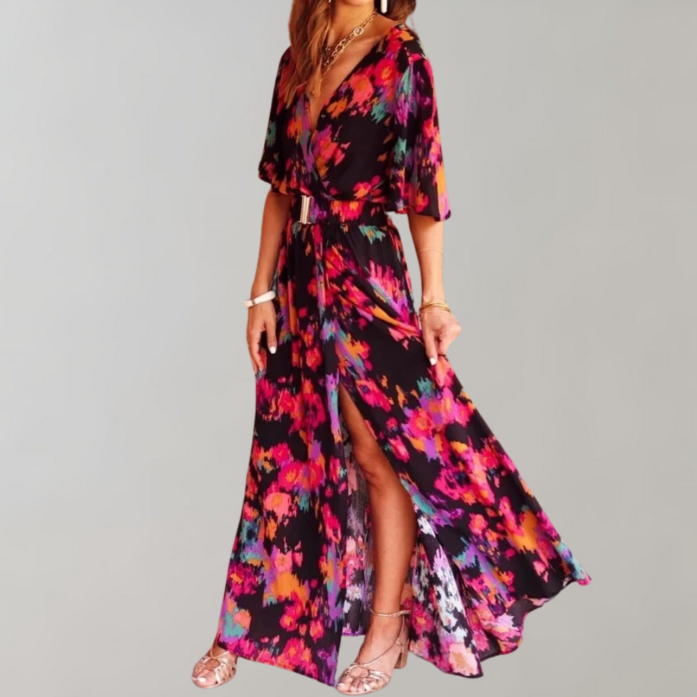 Abstract Print Wrap Flutter Sleeve Belted High Split Maxi Dress